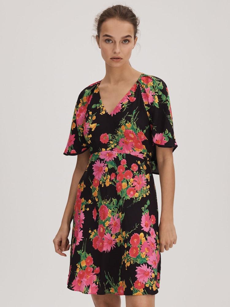 reiss Florere Printed Cape Sleeve Mini Dress in Pink/Black