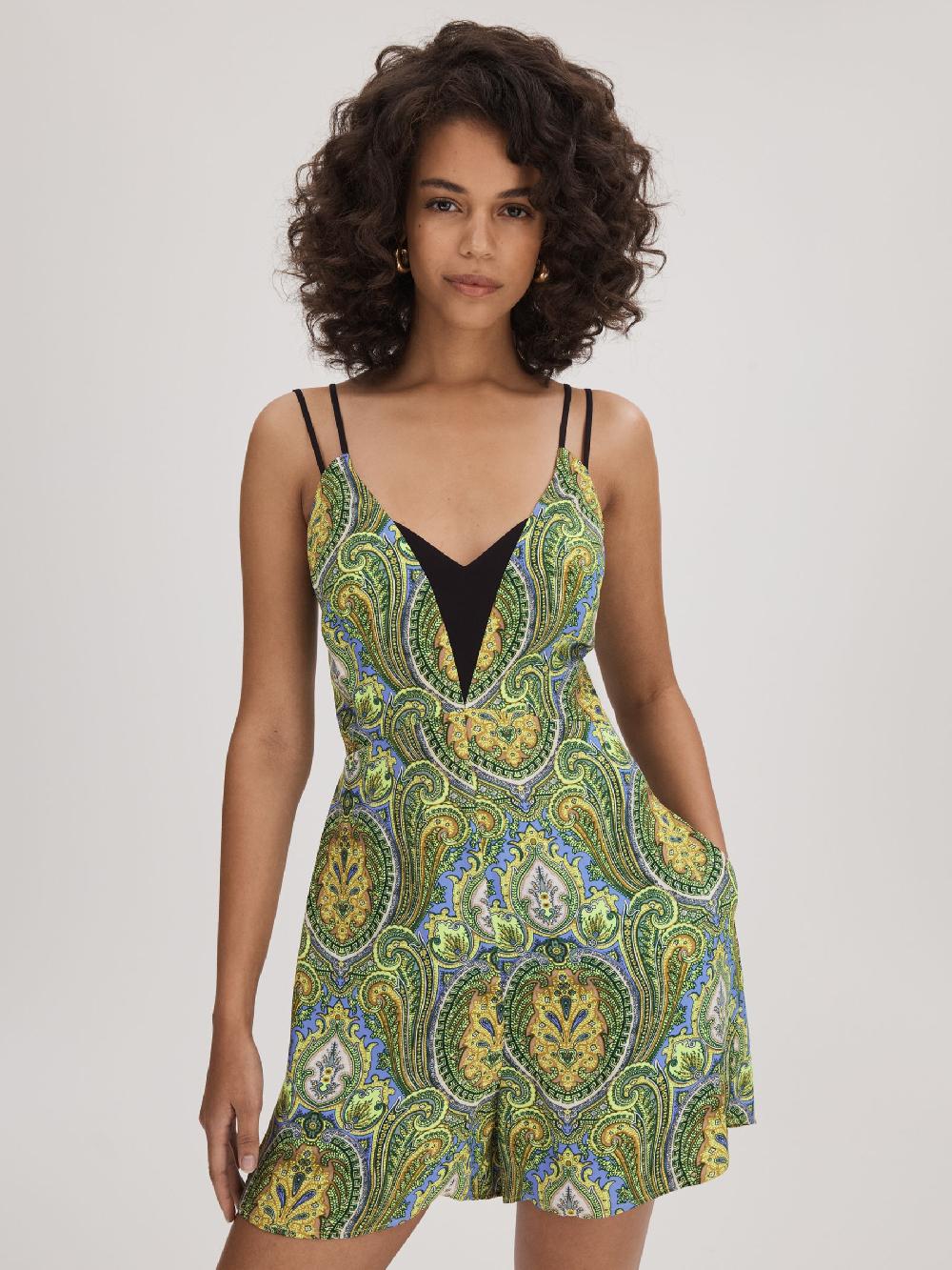 Reiss Florere Printed Dual Strap Playsuit In Lime/Green
