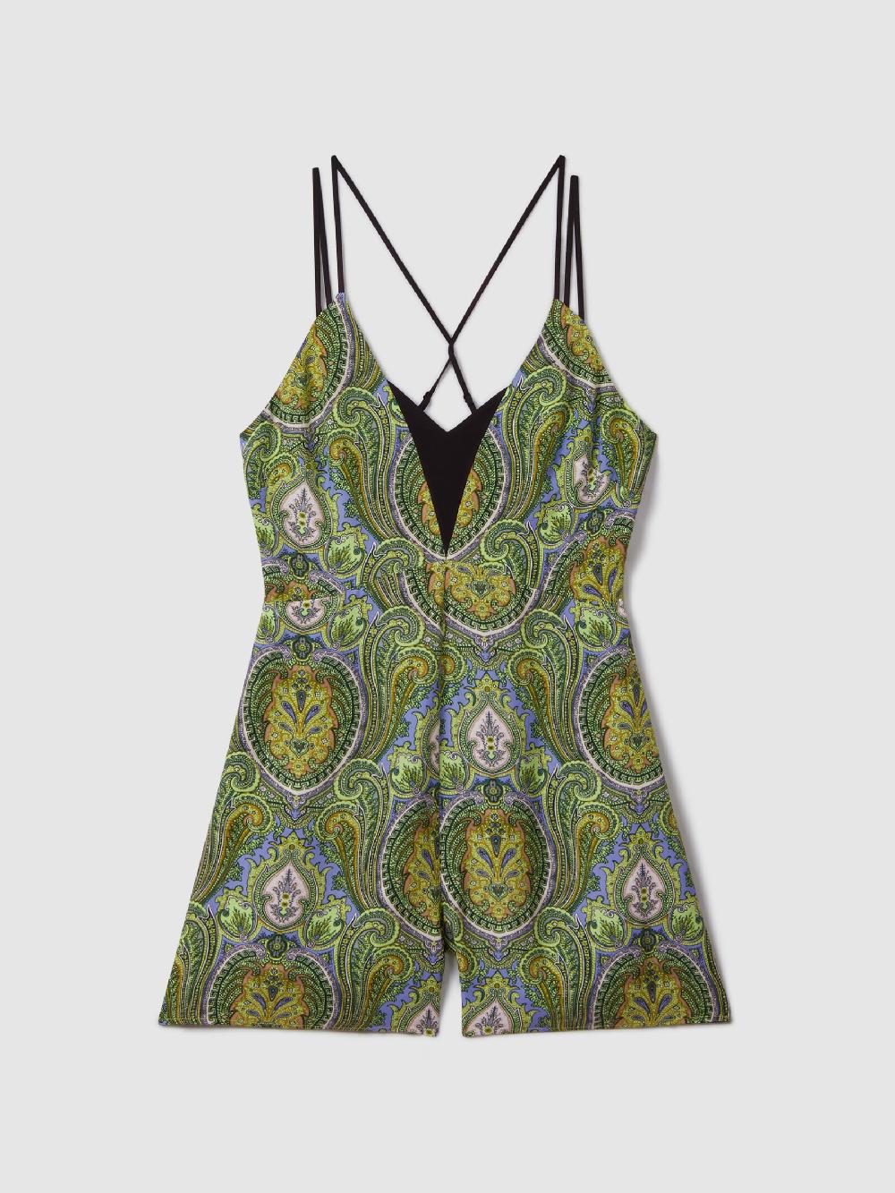 Reiss Florere Printed Dual Strap Playsuit In Lime/Green
