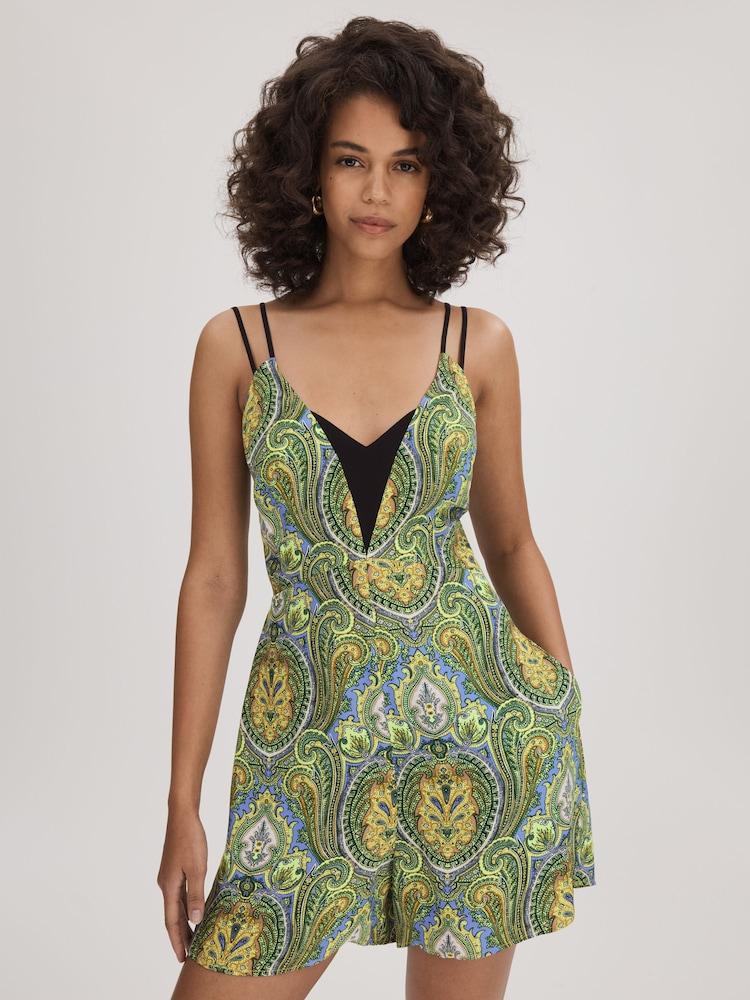 reiss Florere Printed Dual Strap Playsuit in Lime/Green