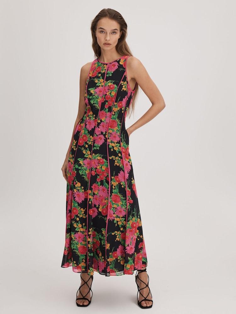 reiss Florere Printed Panel Midi Dress in Pink/Black