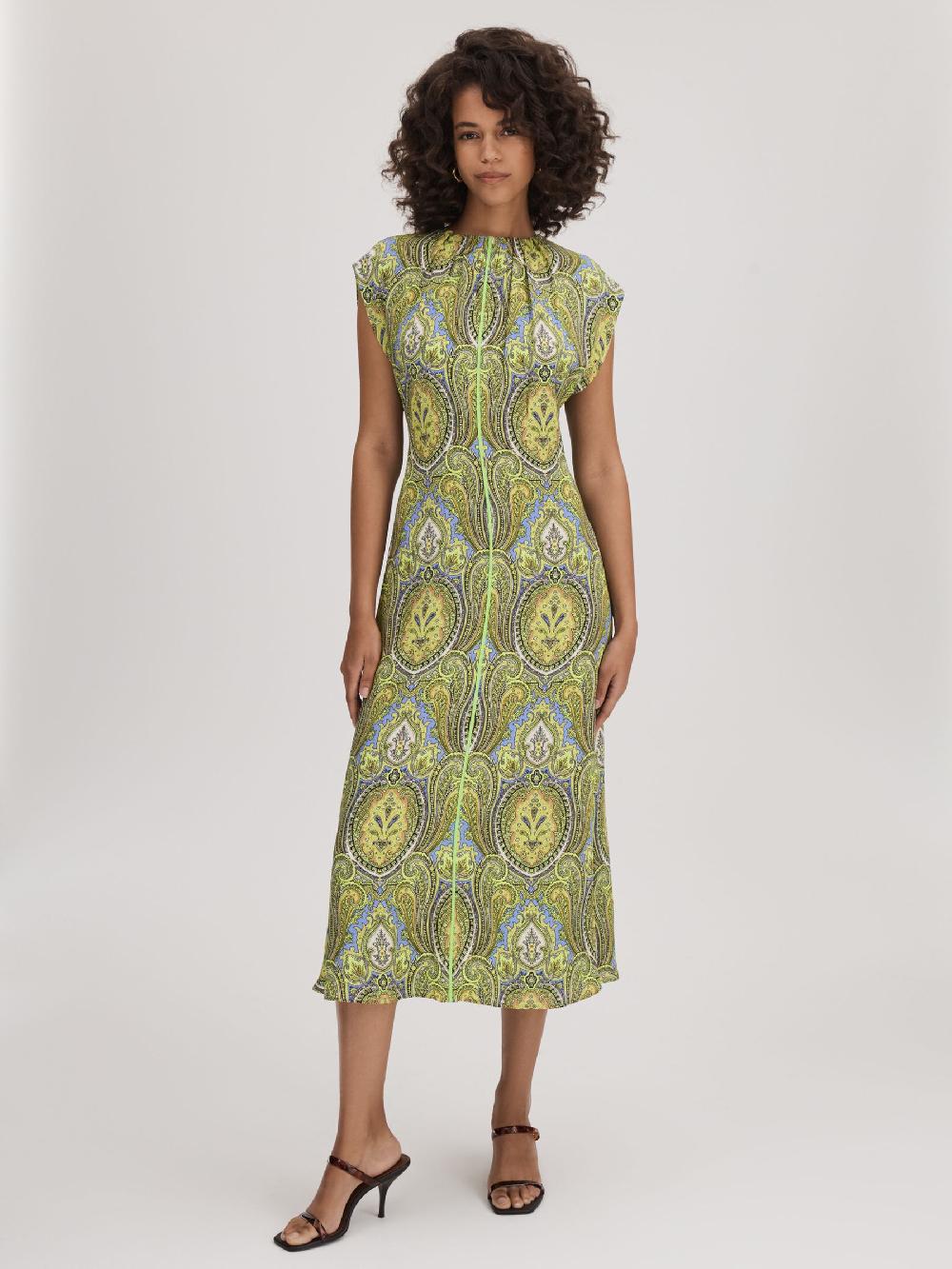 Reiss Florere Printed Tie Back Midi Dress In Lime/Green