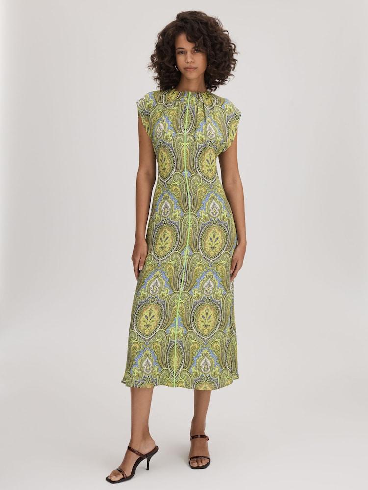 reiss Florere Printed Tie Back Midi Dress in Lime/Green