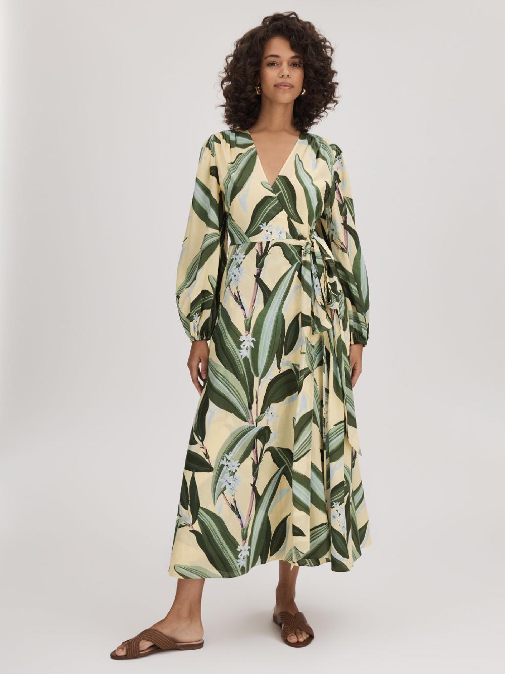 Reiss Florere Printed Wrap Midi Dress In Pale Yellow