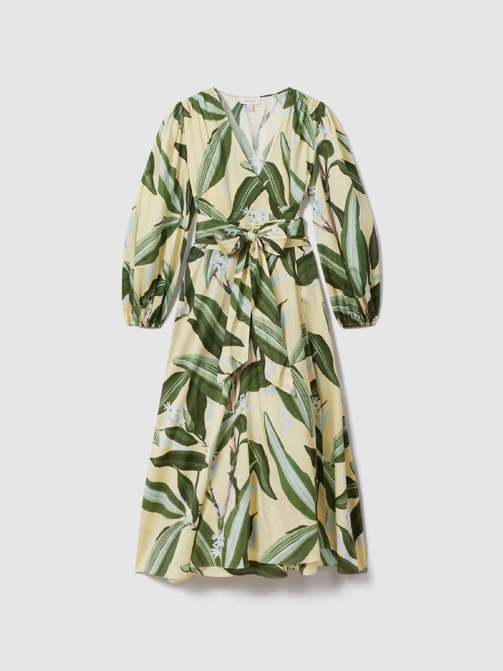 Reiss Florere Printed Wrap Midi Dress In Pale Yellow