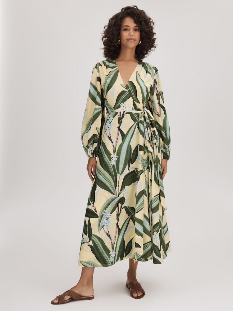 reiss Florere Printed Wrap Midi Dress in Pale Yellow