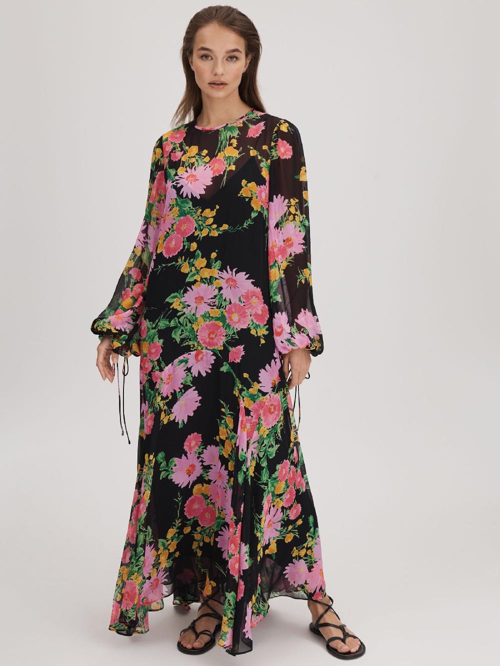 Reiss Florere Sheer Asymmetric Midi Dress In Pink/Black