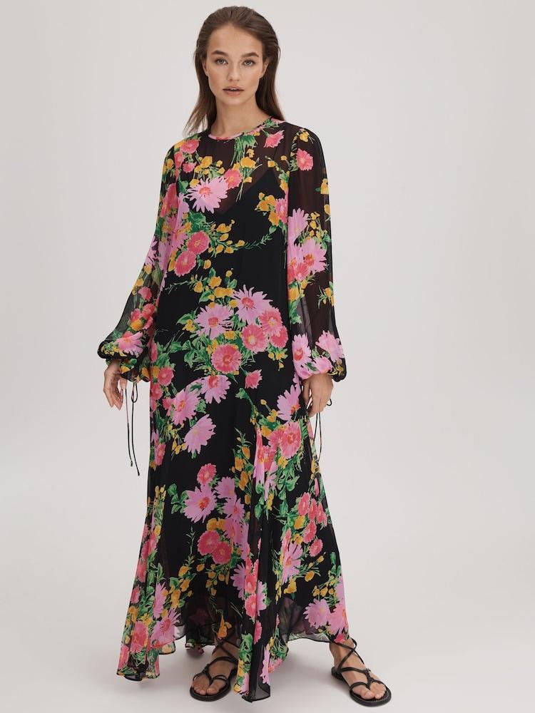 reiss Florere Sheer Asymmetric Midi Dress in Pink/Black