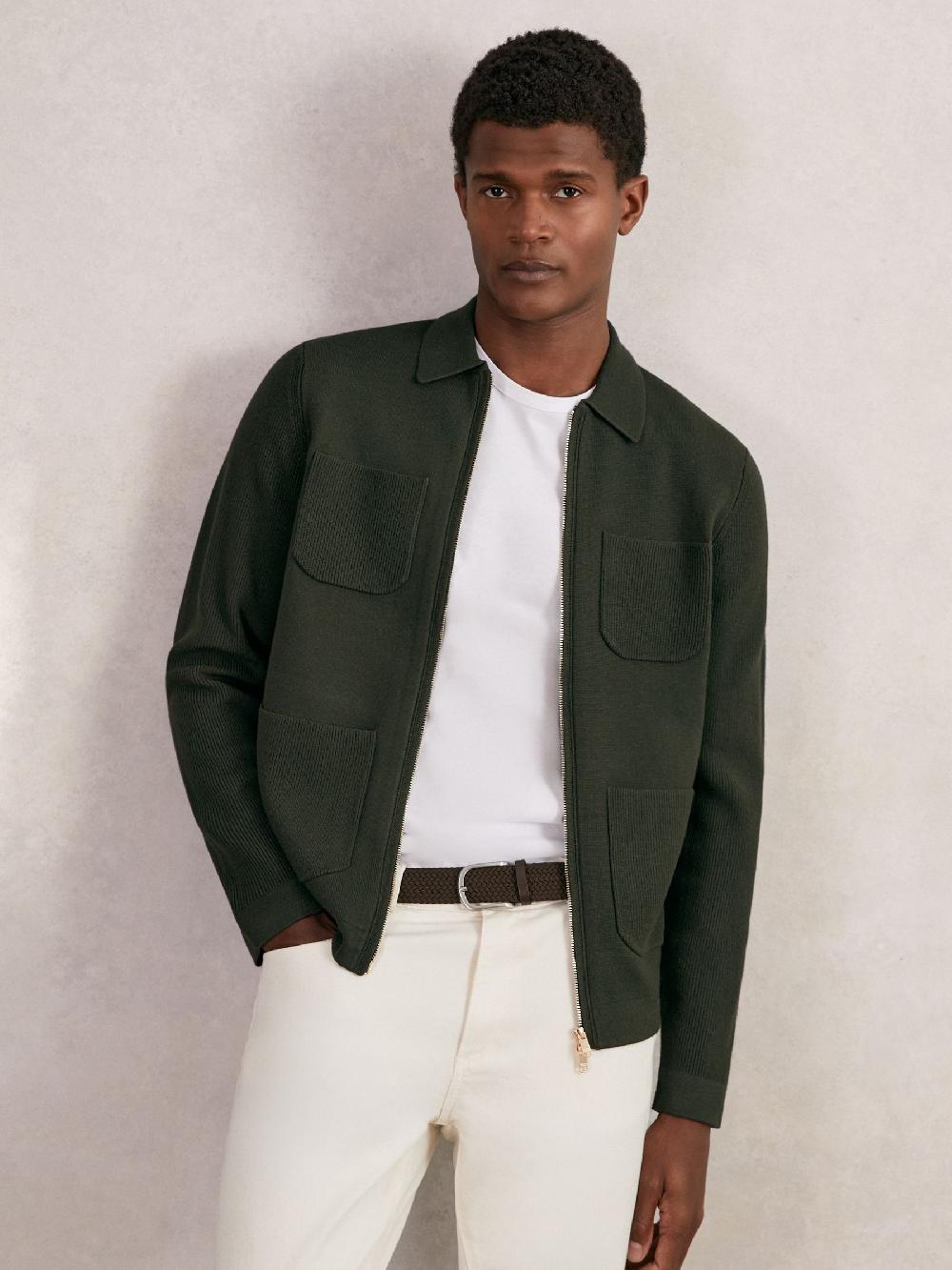 Reiss Four-Pocket Zip-Through Cardigan In Forest Green