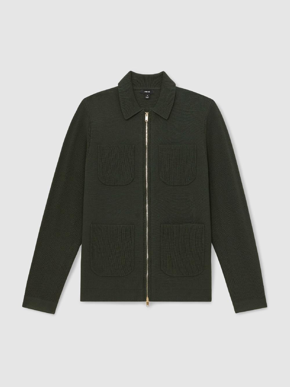 Reiss Four-Pocket Zip-Through Cardigan In Forest Green