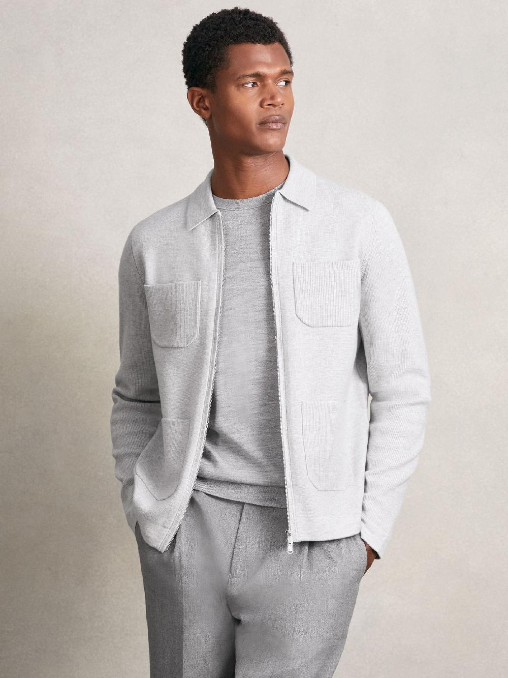 Reiss Four-Pocket Zip-Through Cardigan In Soft Grey