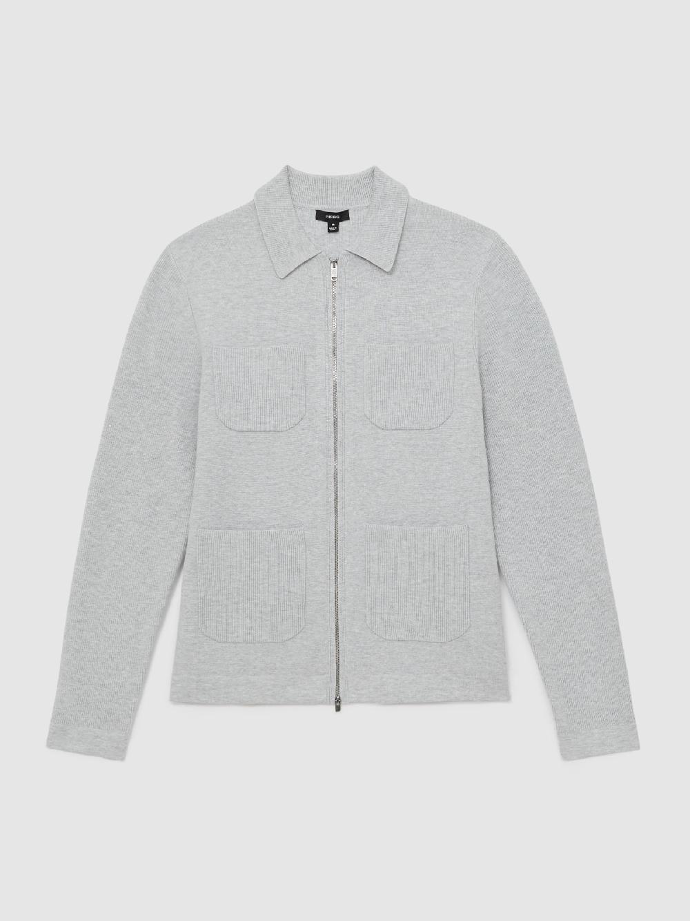 Reiss Four-Pocket Zip-Through Cardigan In Soft Grey