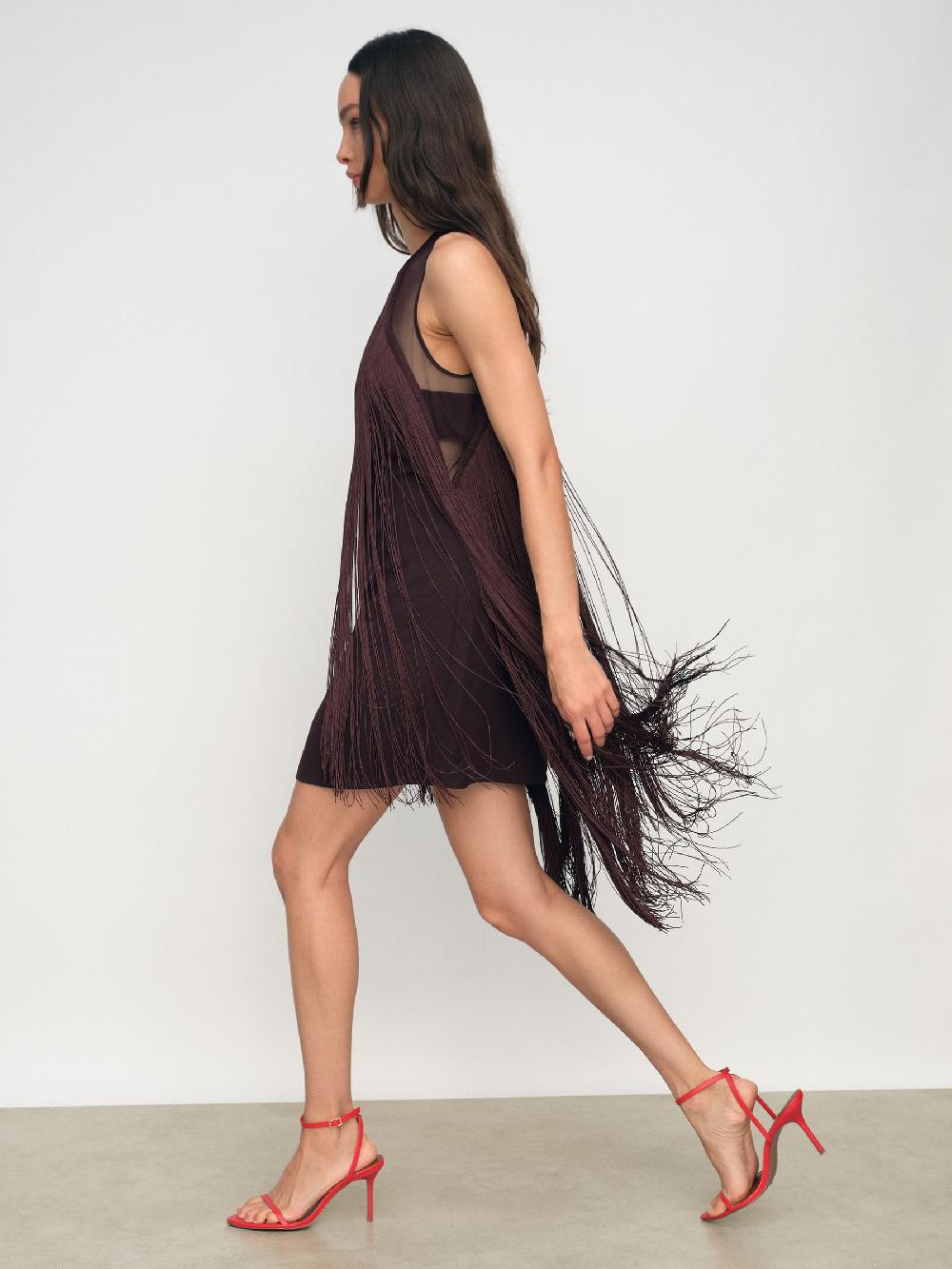 Reiss Fringe-Detail Sheer-Panel Mini Dress In Burgundy