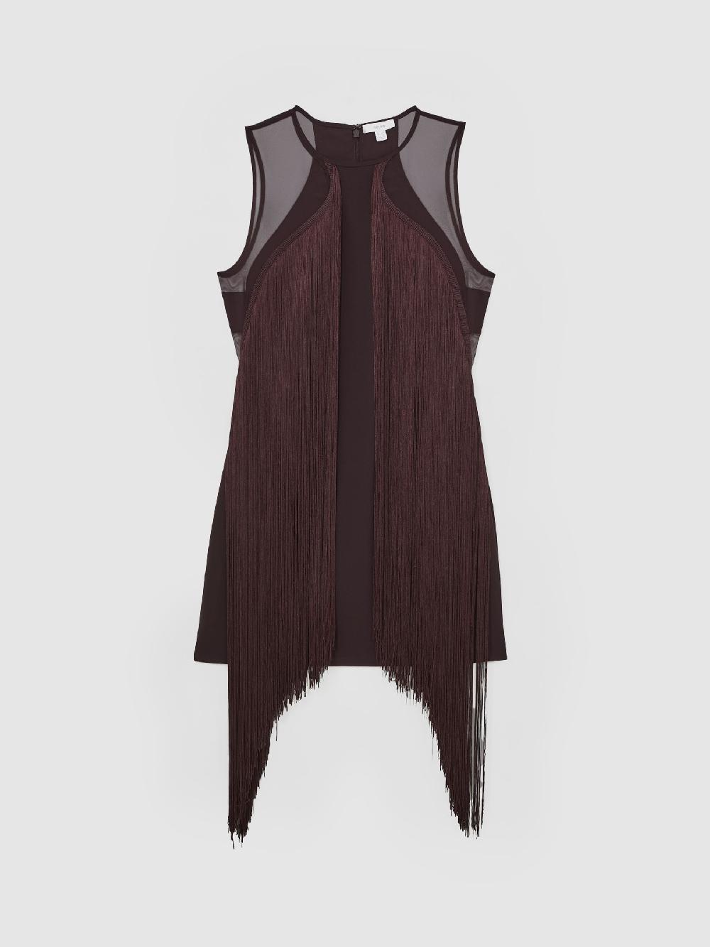 Reiss Fringe-Detail Sheer-Panel Mini Dress In Burgundy