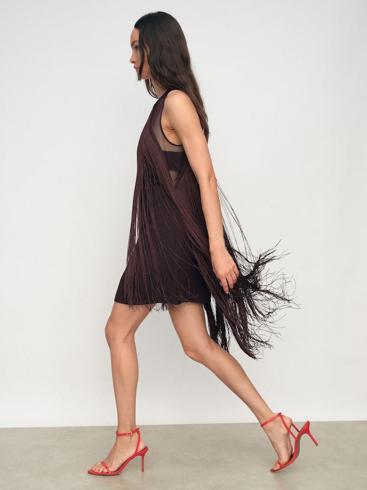 reiss Fringe-Detail Sheer-Panel Mini Dress in Burgundy