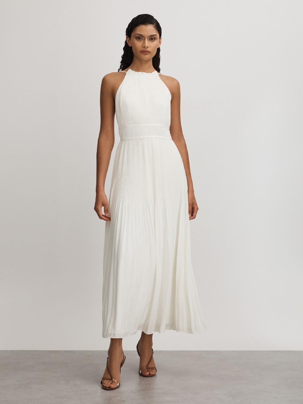 Reiss Garren Ivory Amur Plisse Halter Neck Maxi Dress