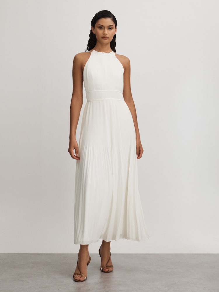 reiss Garren Ivory Amur Plisse Halter Neck Maxi Dress