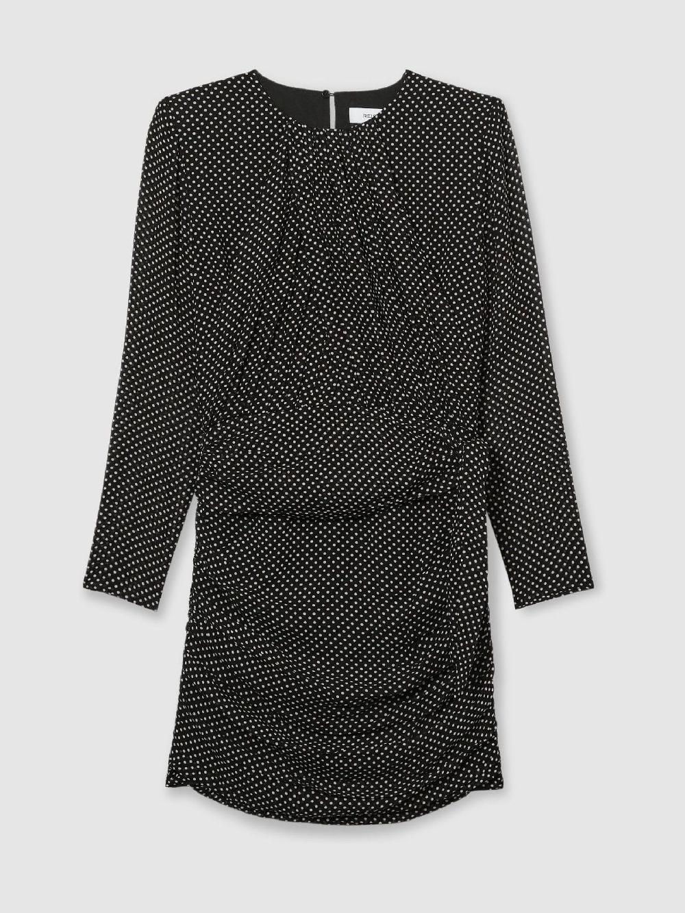 Reiss Gathered Polka-Dot Georgette Mini Dress In Black