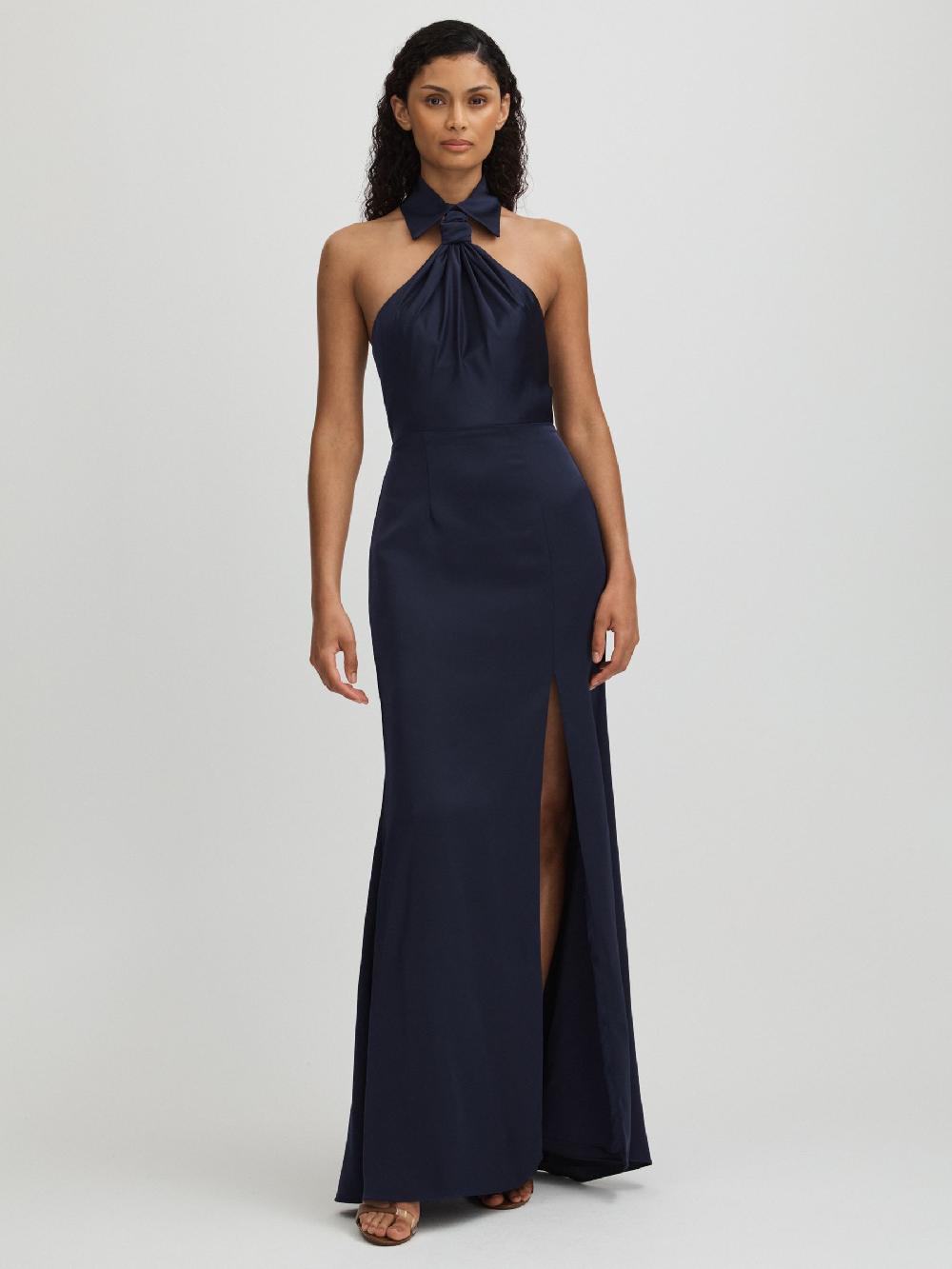 Reiss Gemi Navy Halston Satin Halter Neck Maxi Dress