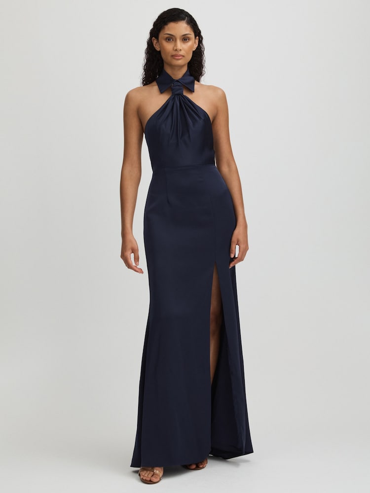 reiss Gemi Navy Halston Satin Halter Neck Maxi Dress
