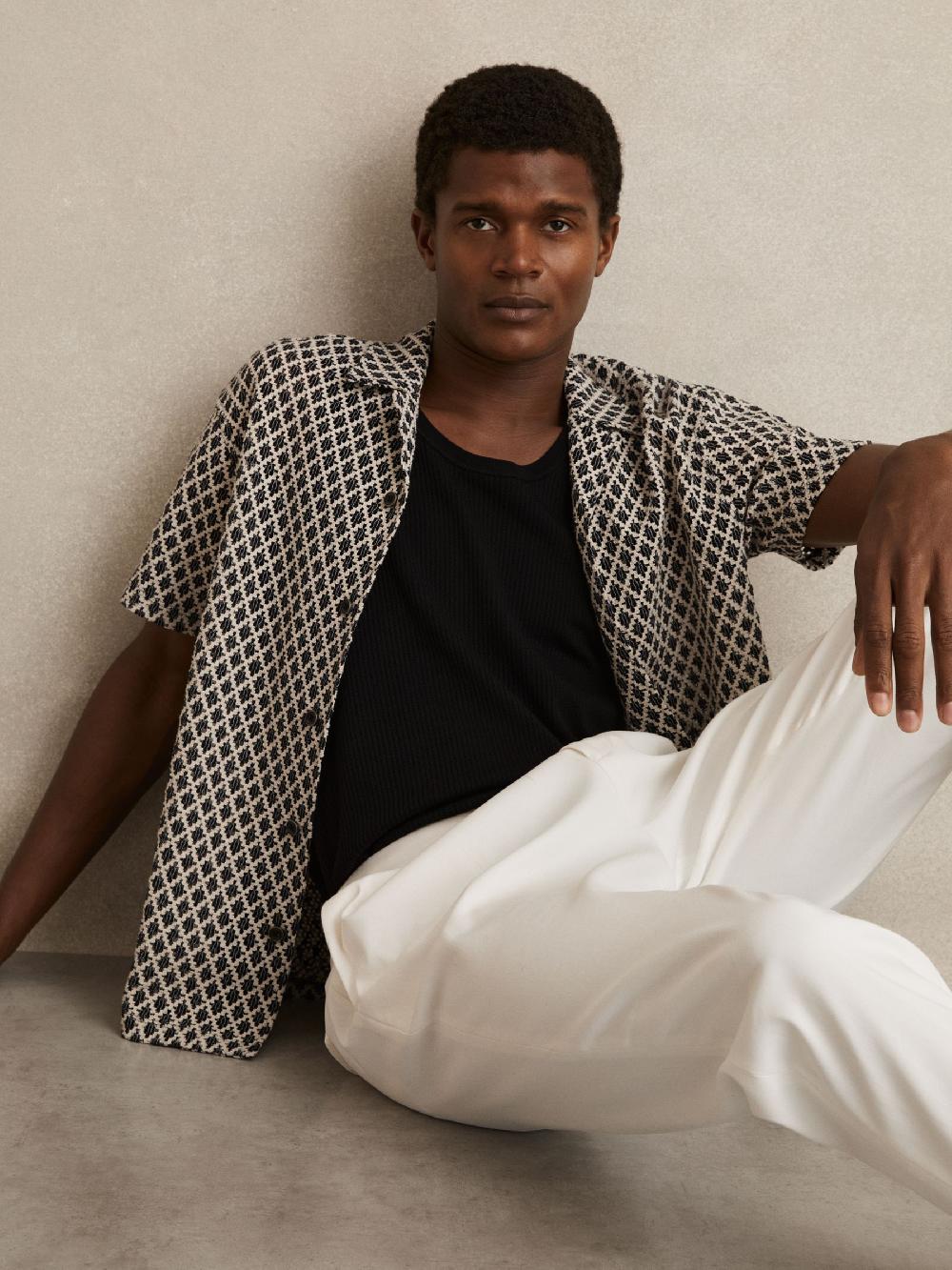 Reiss Geometric-Crochet Cuban-Collar Shirt In Navy/White