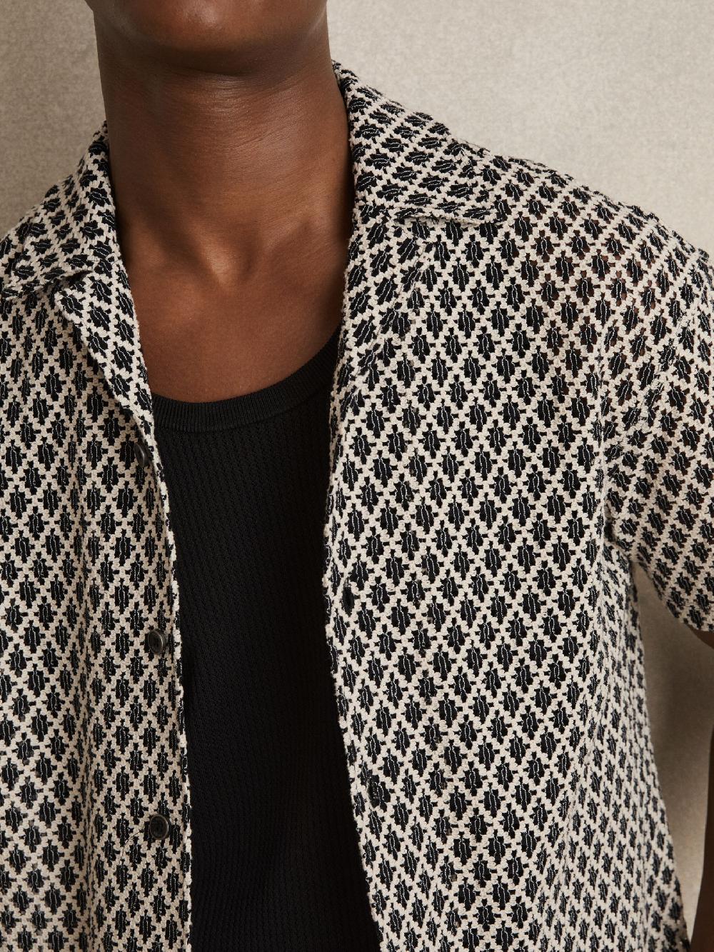 Reiss Geometric-Crochet Cuban-Collar Shirt In Navy/White