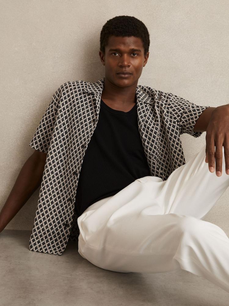 reiss Geometric-Crochet Cuban-Collar Shirt in Navy/White