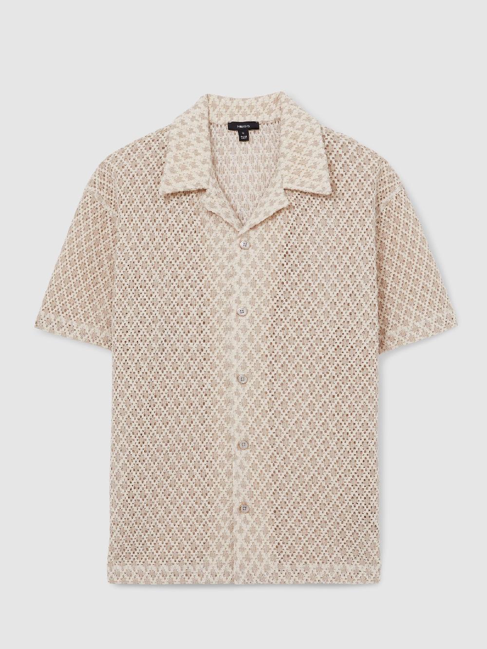 Reiss Geometric-Crochet Cuban-Collar Shirt In Oatmeal
