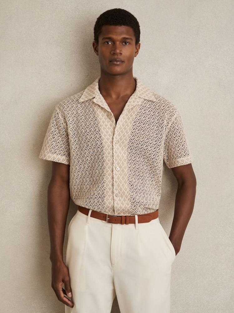 reiss Geometric-Crochet Cuban-Collar Shirt in Oatmeal