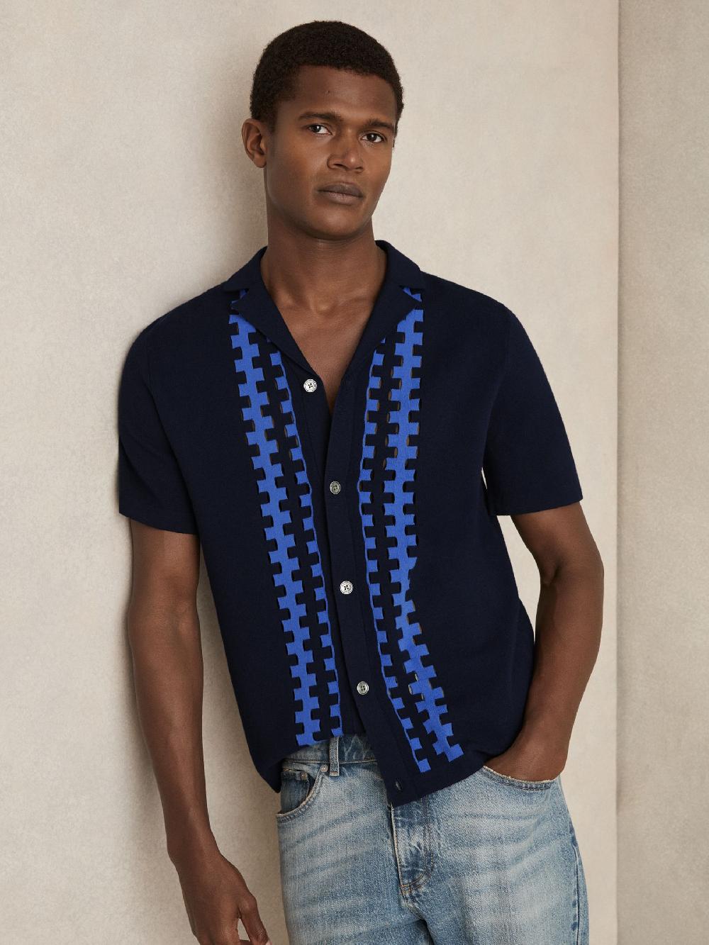 Reiss Geometric Cuban-Collar Knit Shirt In Navy/Blue