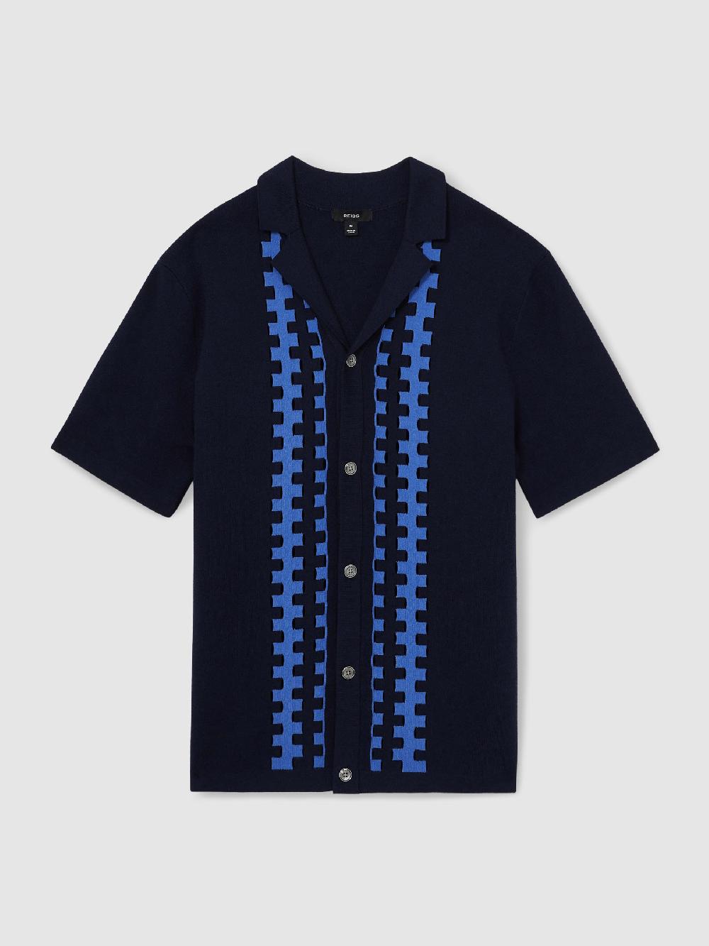 Reiss Geometric Cuban-Collar Knit Shirt In Navy/Blue