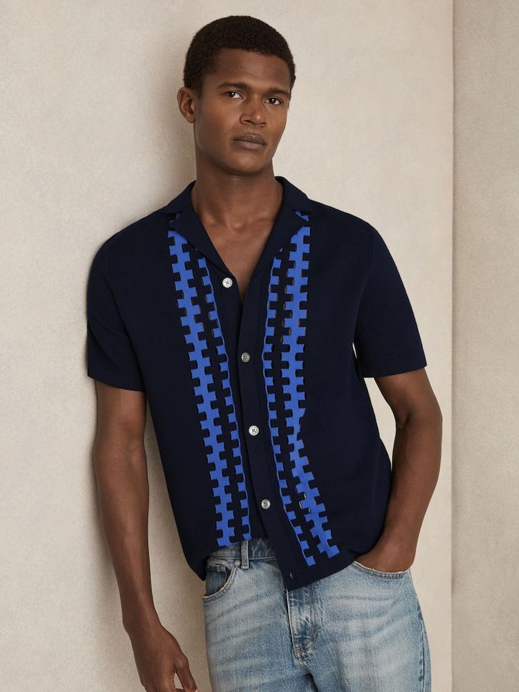 reiss Geometric Cuban-Collar Knit Shirt in Navy/Blue