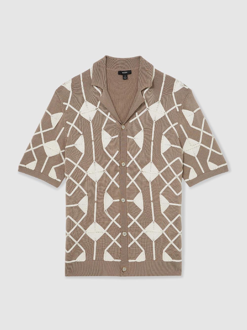 Reiss Geometric Embroidery Knit Shirt In Taupe Brown