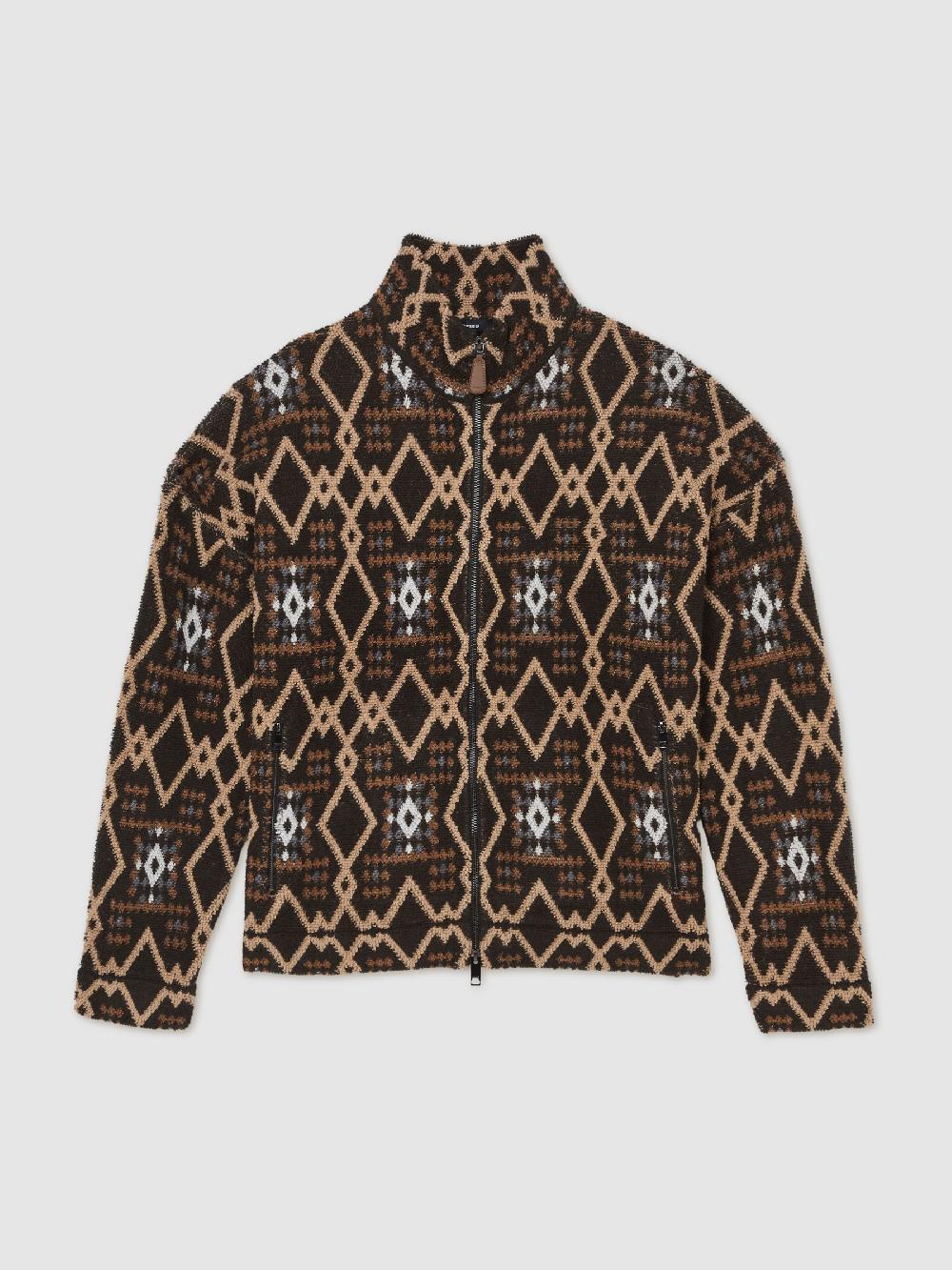 Reiss Geometric Fair Isle Zip-Through Jumper With Wool In Brown Multi