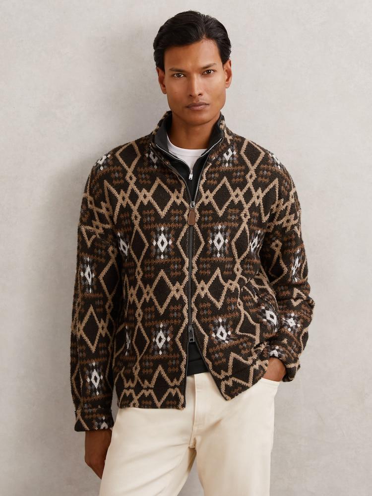 reiss Geometric Fair Isle Zip-Through Jumper with Wool in Brown Multi