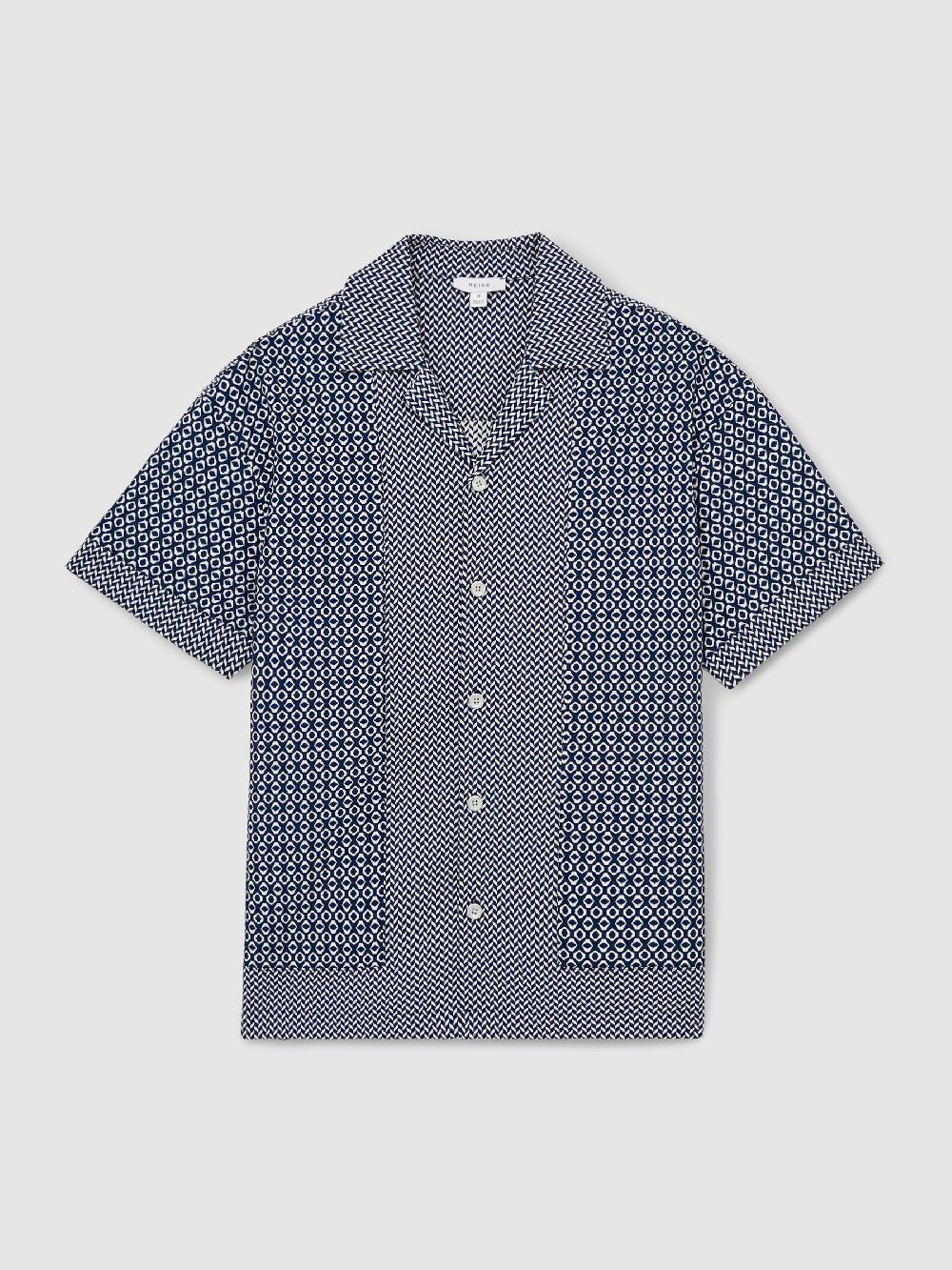 Reiss Geometric-Jacquard Cuban-Collar Shirt In Navy/White