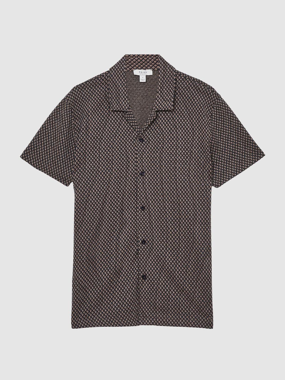 Reiss Geometric Jacquard Cuban-Collar Shirt In Tobacco Brown/Navy