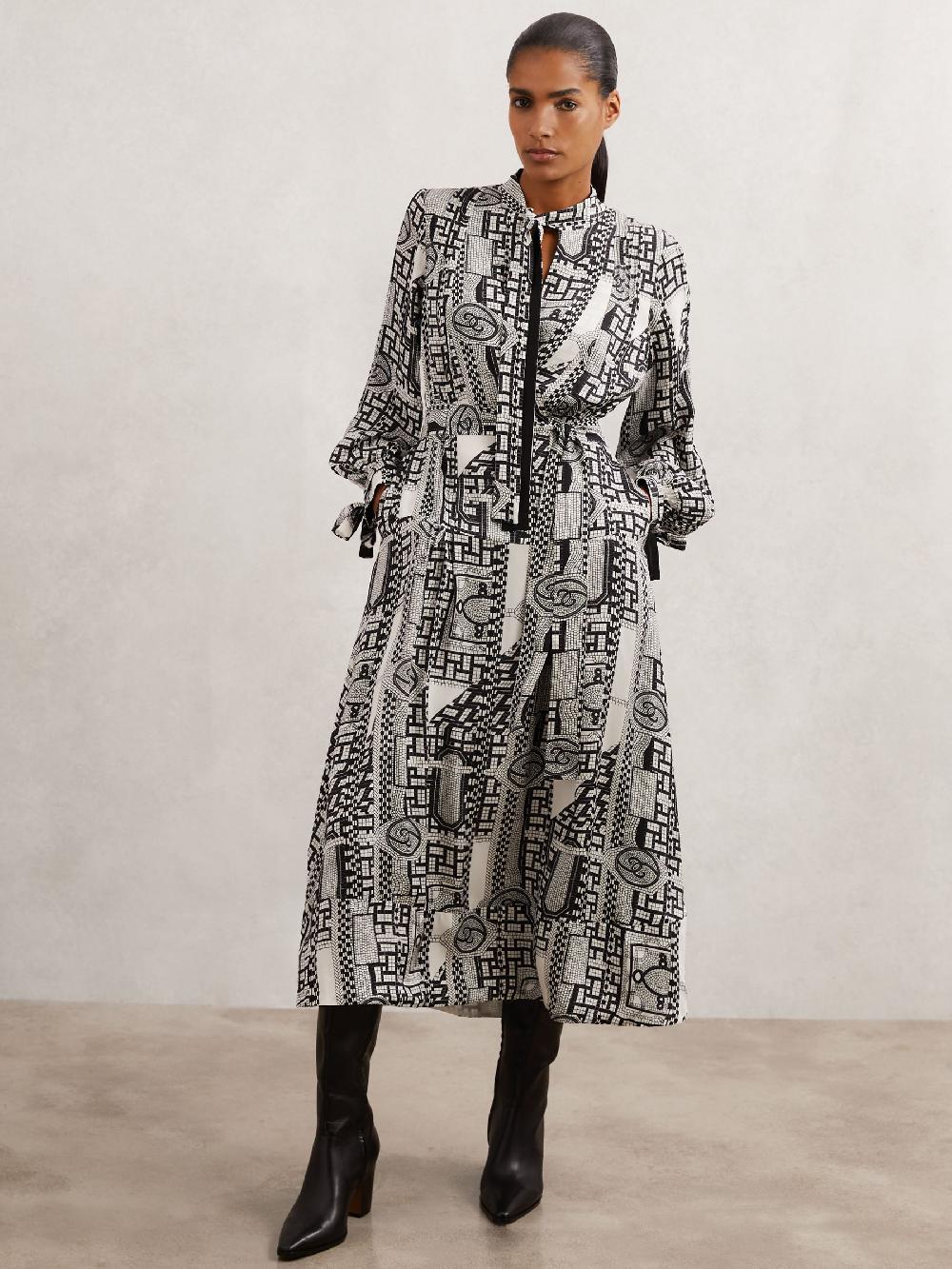 Reiss Geometric-Print Tie-Neck Dress In Black/Ivory