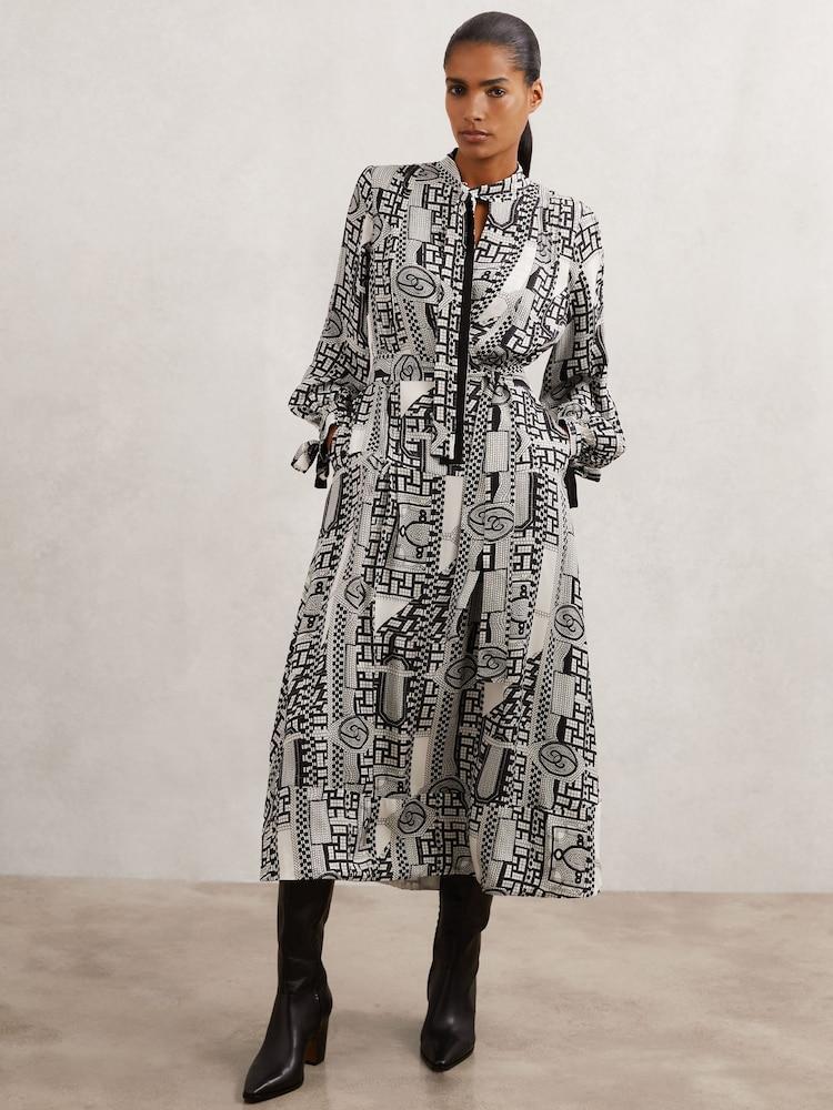 reiss Geometric-Print Tie-Neck Dress in Black/Ivory