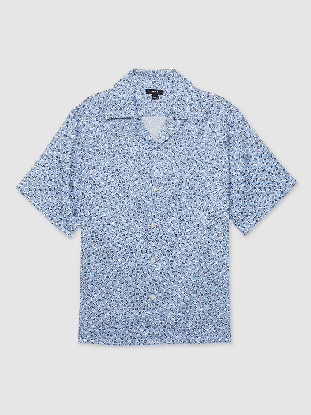 Reiss Geometric Wave Print Cuban Shirt In Soft Blue