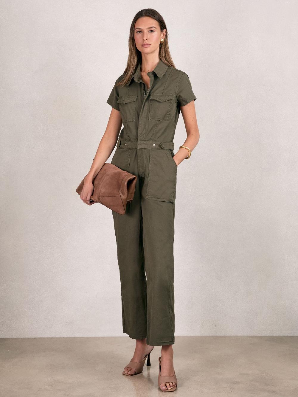 Reiss Good American Cotton Twill Jumpsuit With Stretch In Khaki