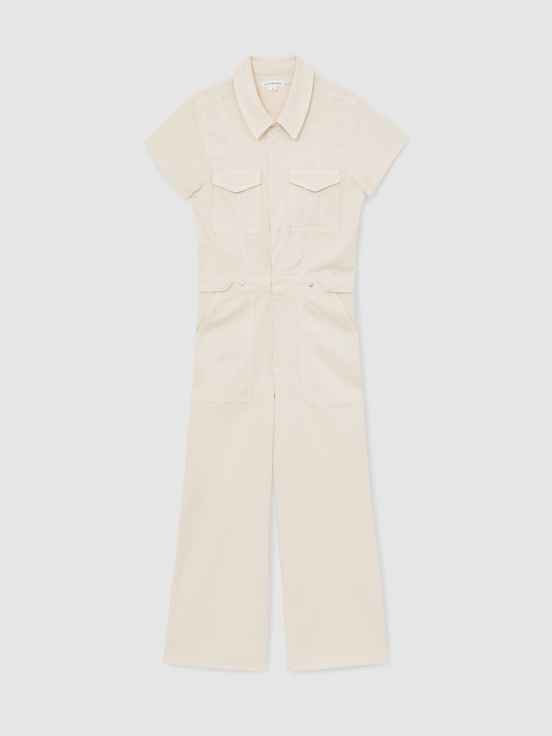 Reiss Good American Cotton Twill Jumpsuit With Stretch In Ecru