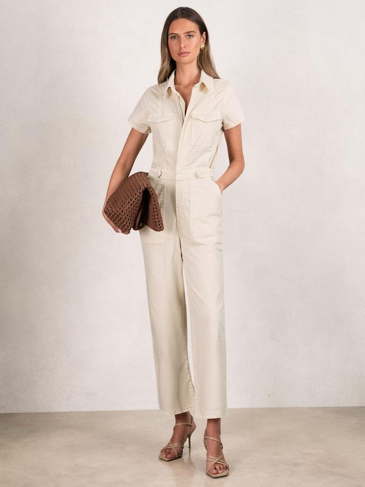 reiss Good American Cotton Twill Jumpsuit with Stretch in Ecru