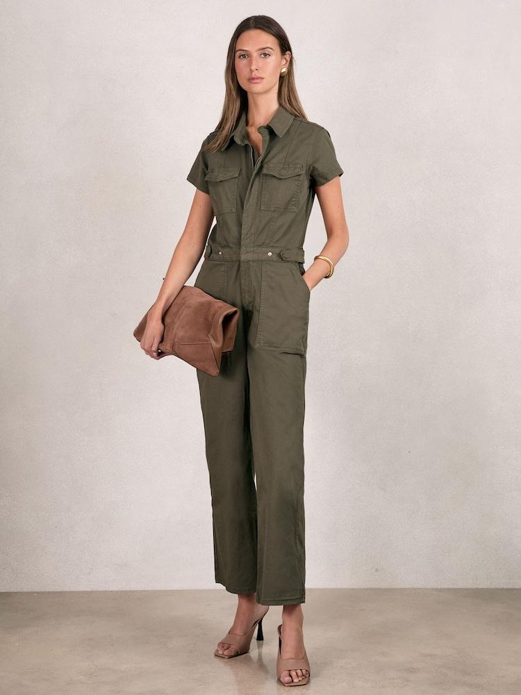 reiss Good American Cotton Twill Jumpsuit with Stretch in Khaki