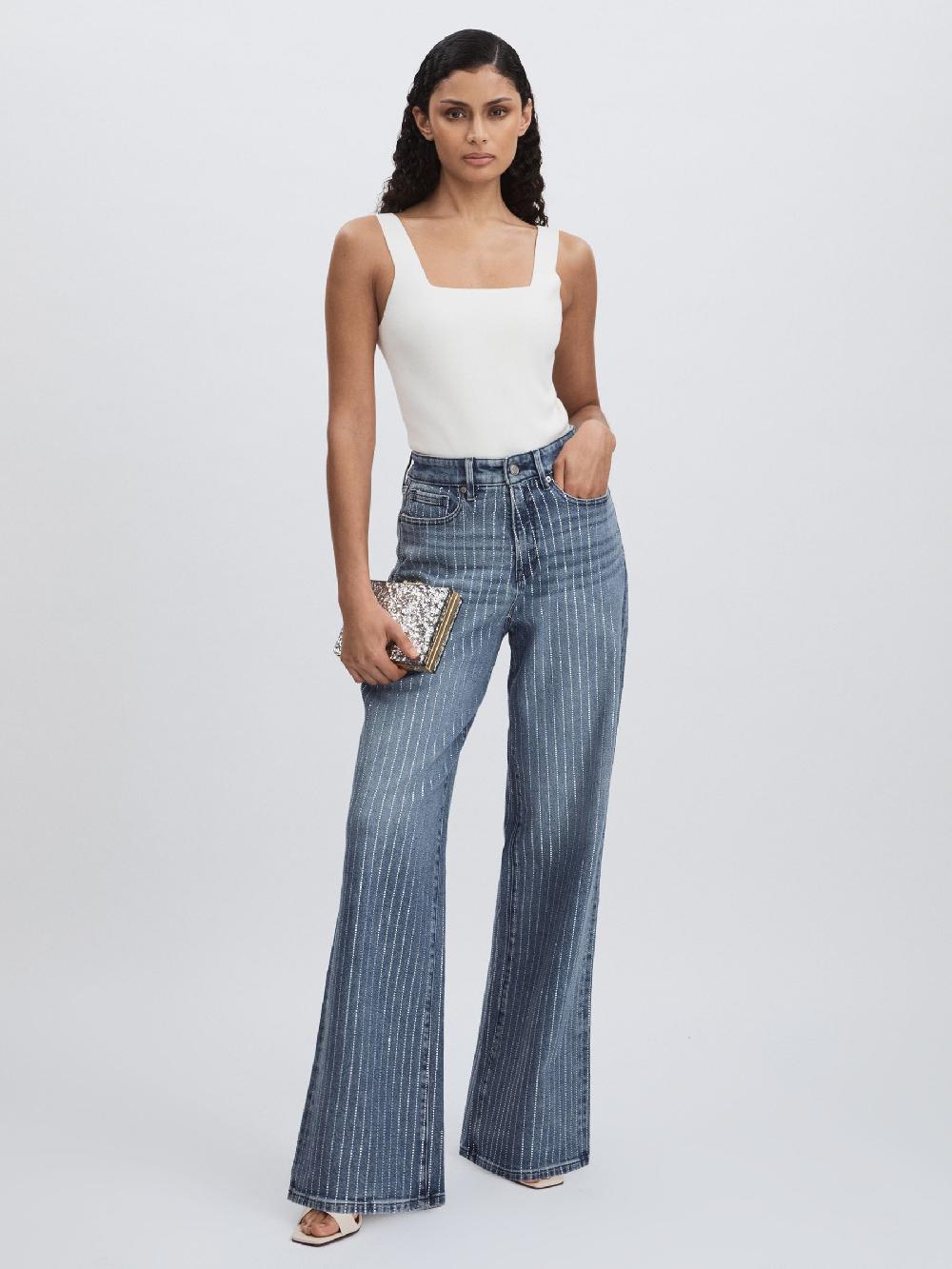 Reiss Good American Crystal-Stripe Relaxed Jeans In Light Blue