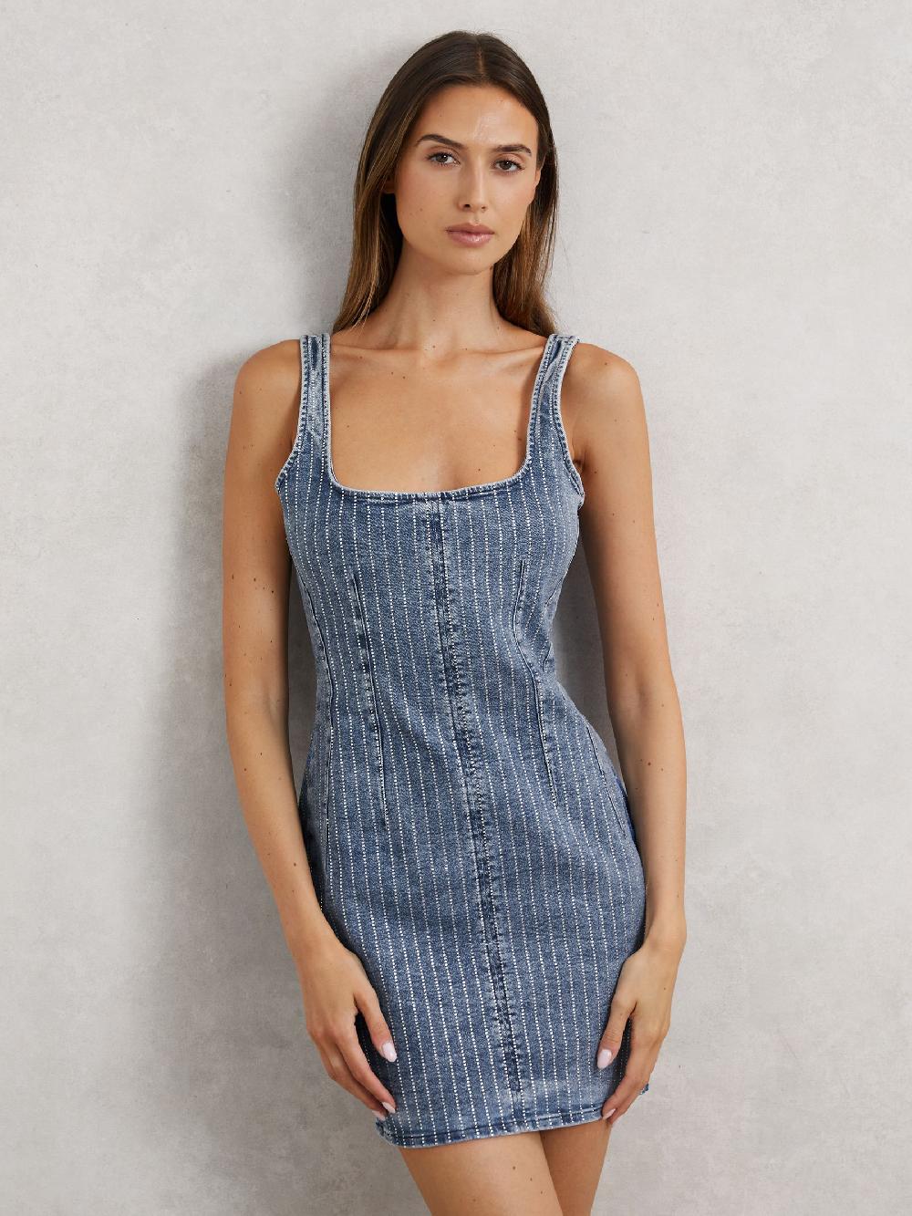 Reiss Good American Denim Rhinestone Dress In Indigo Blue