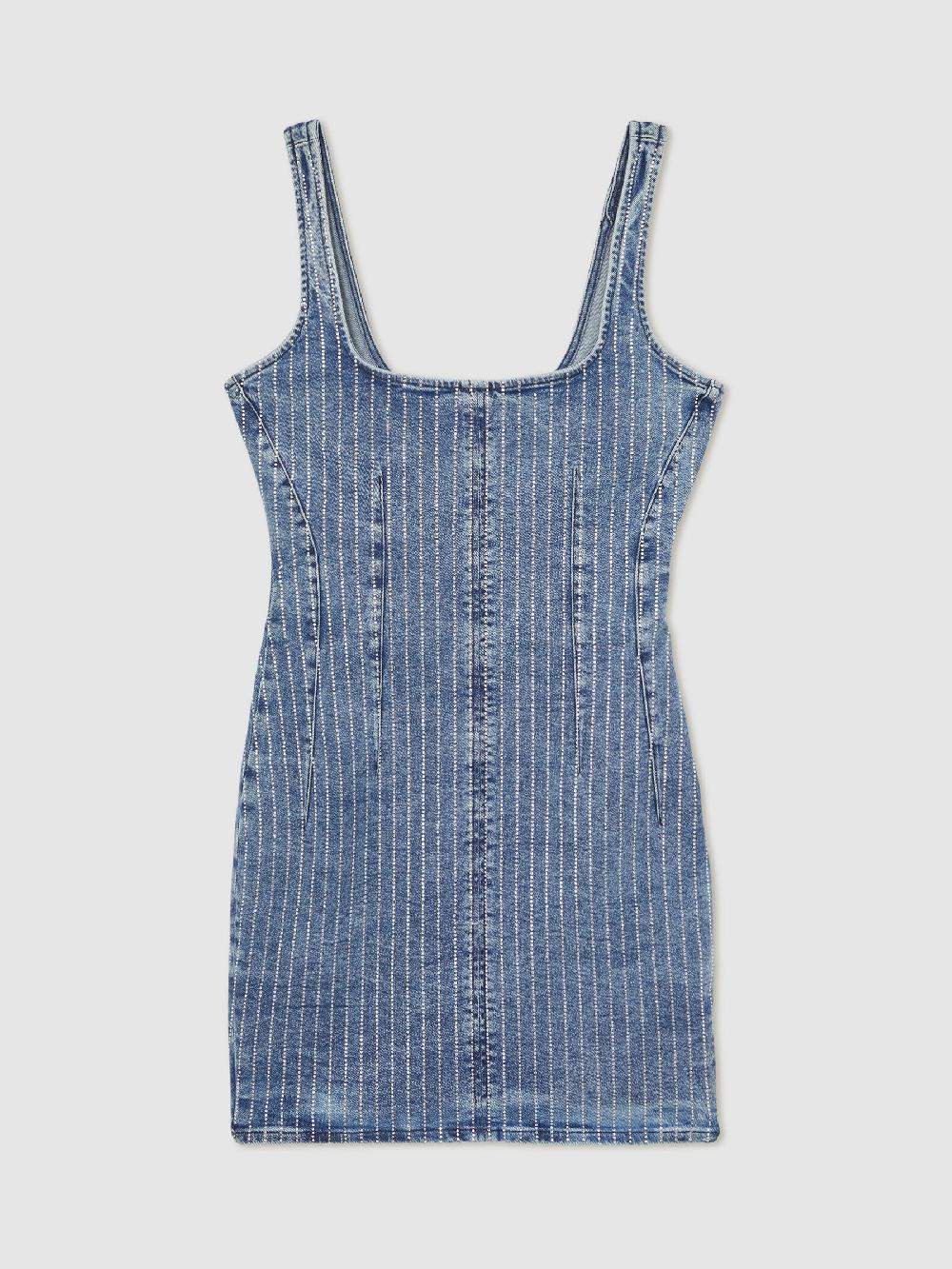Reiss Good American Denim Rhinestone Dress In Indigo Blue