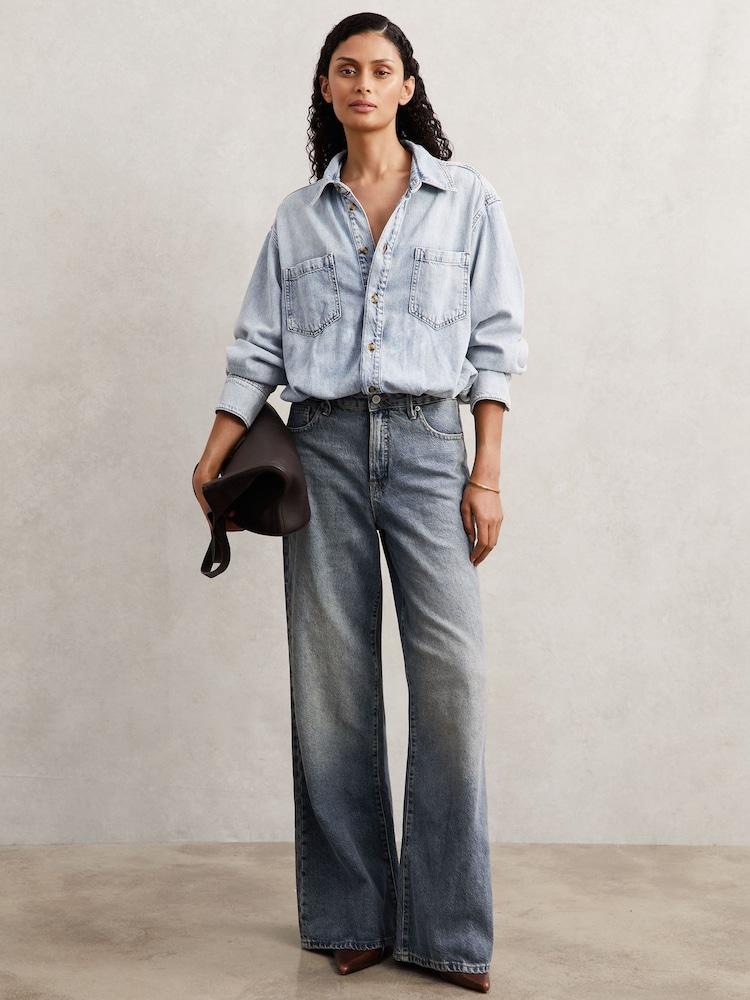 reiss Good American Denim Shirt Jumpsuit in Indigo Blue