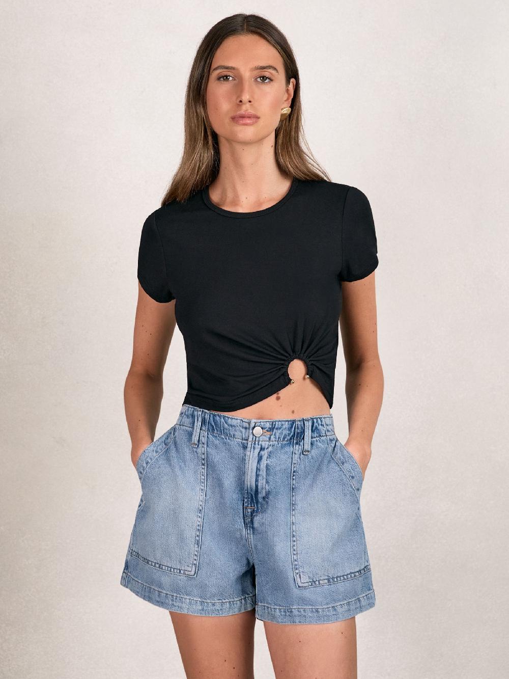 Reiss Good American Denim Shorts With Linen In Indigo Blue