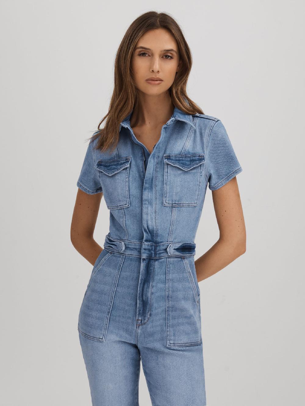 Reiss Good American Denim Skinny Jumpsuit In Mid Blue